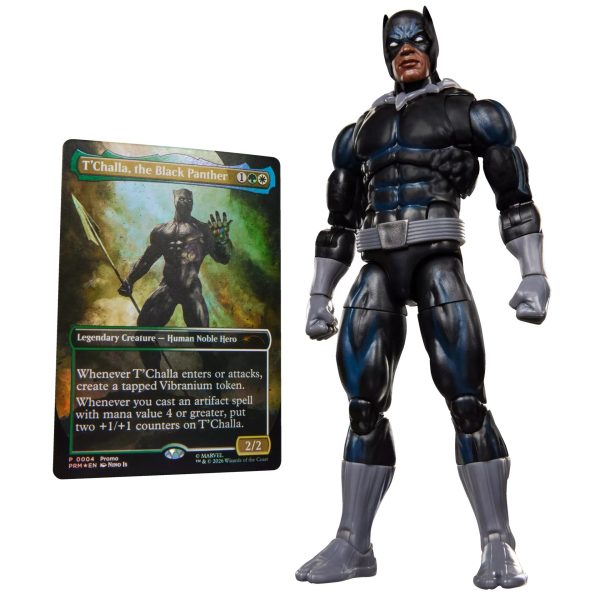Marvel Legends Magic The Gathering Black Panther figure beside the T'Challa foil promo card