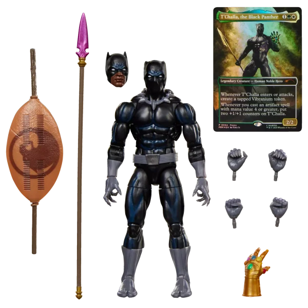 Marvel Legends Black Panther figure with its Vibranium spear, shield and alternate hands