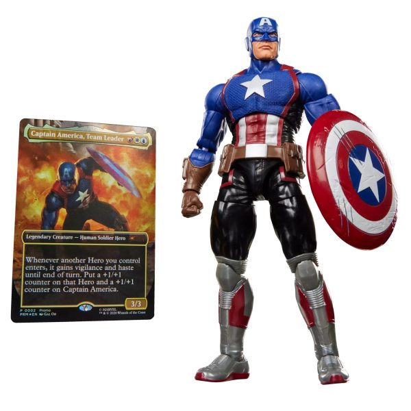 Marvel Legends Magic The Gathering Captain America figure beside the Team Leader foil promo card