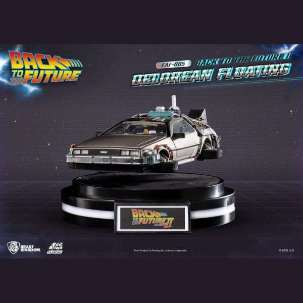 Back to the Future DeLorean Floating by Beast Kingdom hovering above its magnetic base, front three-quarter view