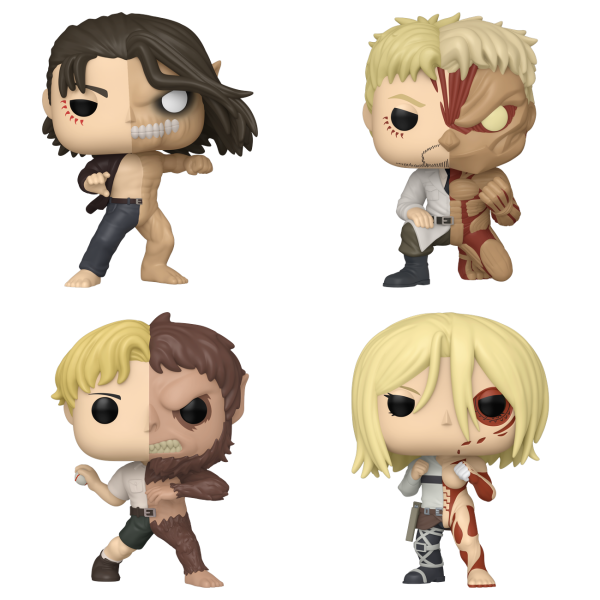 All four Attack on Titan POP! Split vinyl bobbleheads together: Eren, Reiner, Zeke and Annie