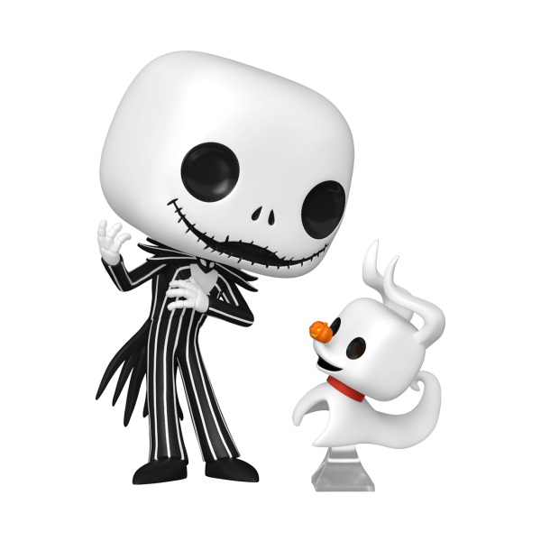 Funko POP! & Buddy Jack Skellington with Zero, Jack in his pinstripe suit beside Zero on a clear stand