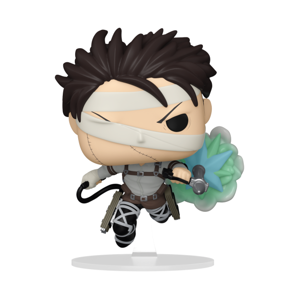 Funko POP! Levi with Bandages vinyl figure, airborne on a clear stand with ODM gear and a translucent gas burst