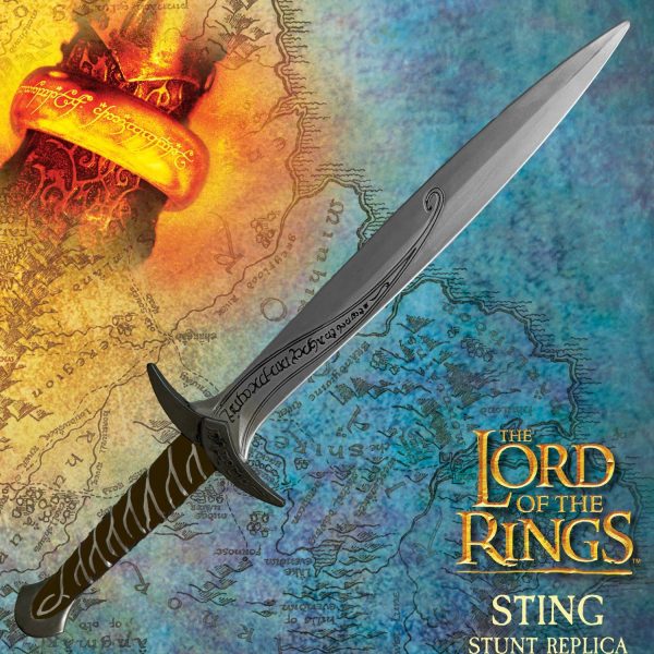 Lord of the Rings Sting Sword LARP stunt replica by Factory Entertainment shown over a map of Middle-earth