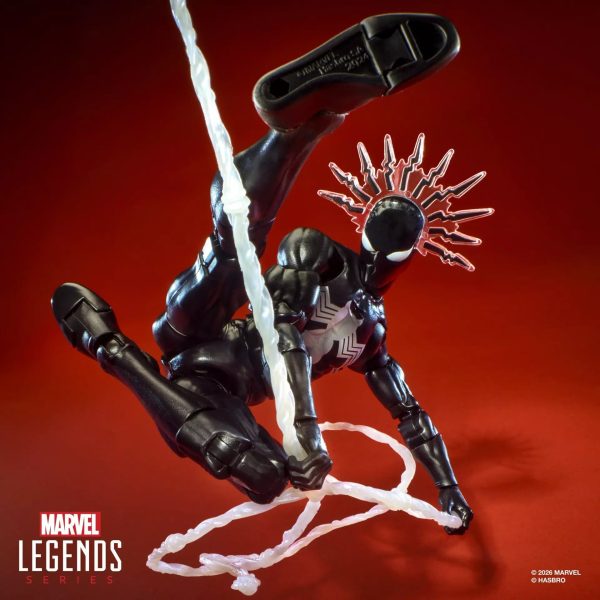 Maximum Series Symbiote Spider-Man mid-swing on a web line with the Spidey-sense burst fitted