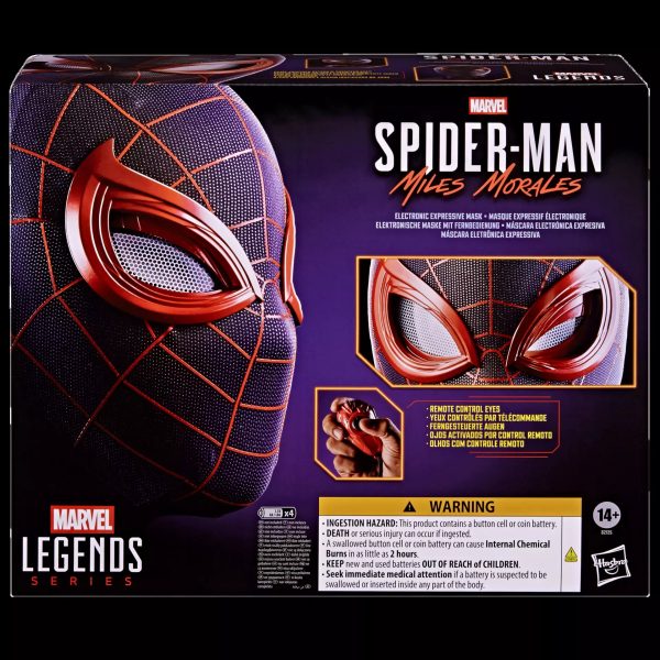 Front of the Marvel Legends Miles Morales Electronic Expressive Mask box, showing the mask and remote